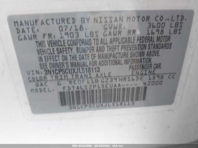 3N1CP5CUXJL518113 Nissan KICKS SV