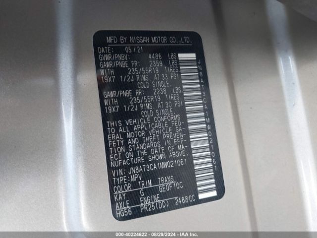 JN8AT3CA1MW021061 Nissan Rogue Sl Fwd