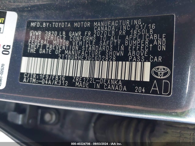 Toyota COROLLA LE 2016 2T1BURHE3GC602828 Image 9