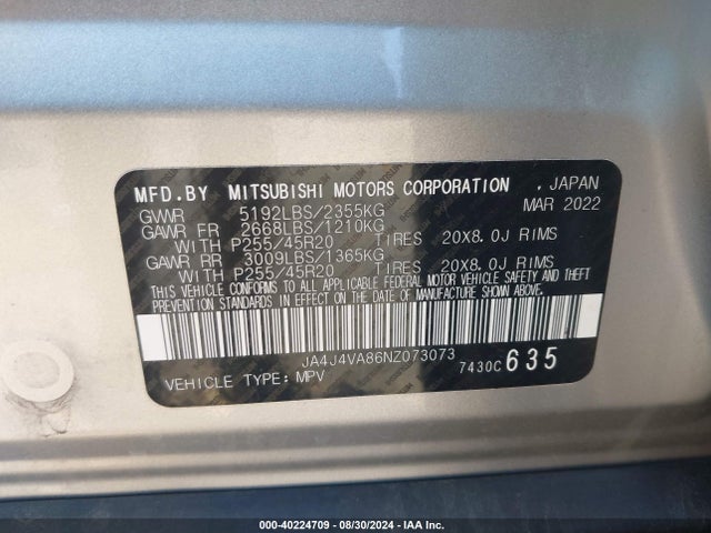 2022 MITSUBISHI OUTLANDER JA4J4VA86NZ073073 Photo 8