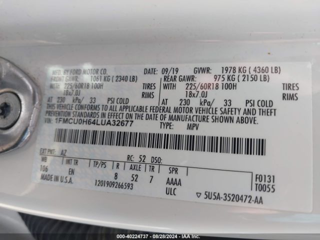 1FMCU0H64LUA32677 Ford ESCAPE SEL