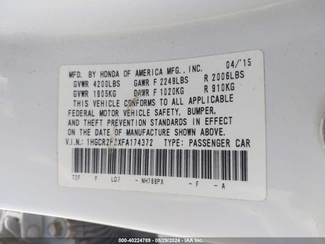 Honda ACCORD LX 2015 1HGCR2F3XFA174372 Image 9