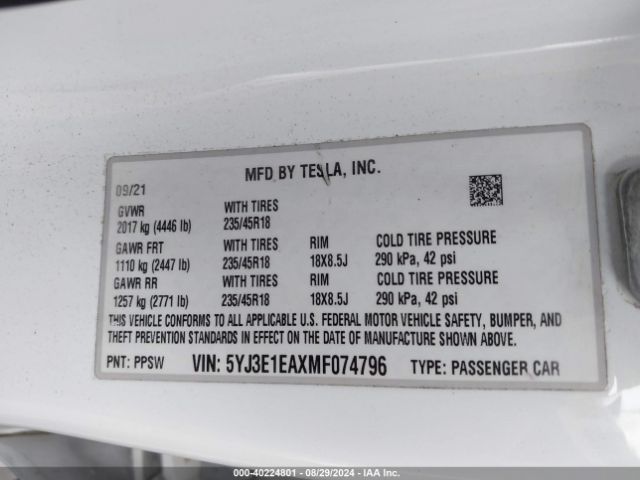 5YJ3E1EAXMF074796 Tesla Model 3 Standard Range Plus Rear-wheel Drive