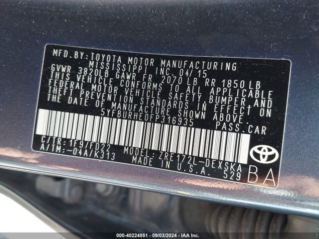 Toyota Corolla S/s Plus/s Premium 2015 5YFBURHE0FP316935 Image 9