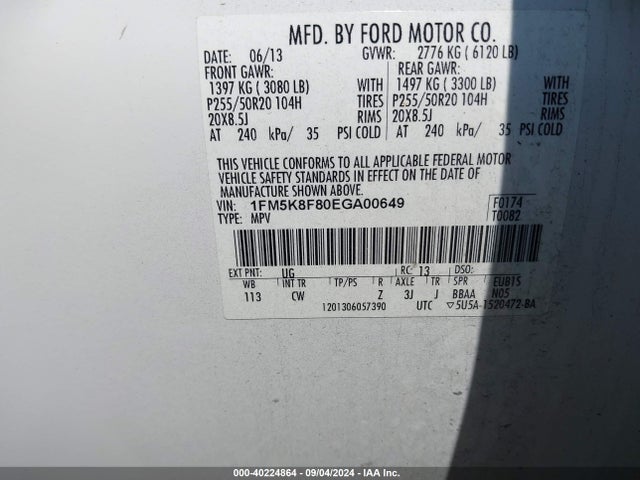 Ford Explorer Limited 2014 1FM5K8F80EGA00649 Image 9
