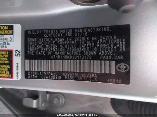 Toyota CAMRY SE 2018 4T1B11HK8JU113170 Image 9