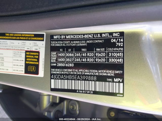 4JGDA5HB5EA399888 Mercedes-Benz Ml 350 4matic