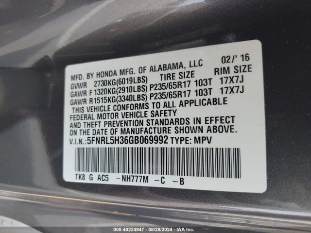 Honda ODYSSEY SE 2016 5FNRL5H36GB069992 Image 9