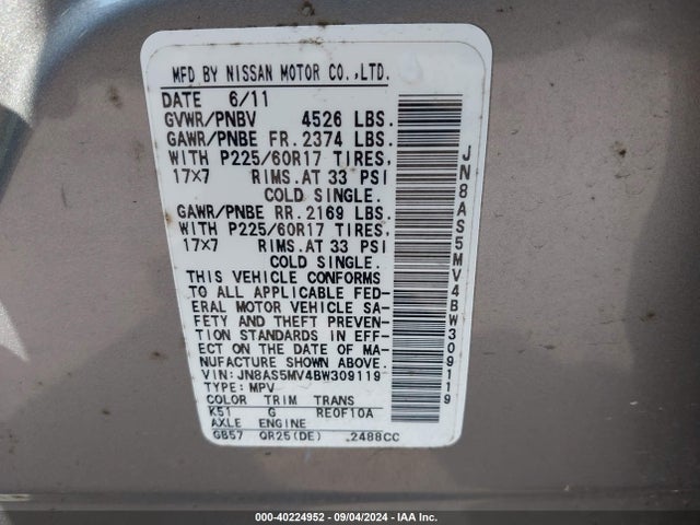 Продаж на аукціоні авто 2011 Nissan Rogue Sv, vin: JN8AS5MV4BW309119, номер лоту: 40224952