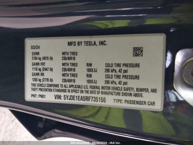5YJ3E1EA5RF735156 Tesla Model 3 Rear-wheel Drive