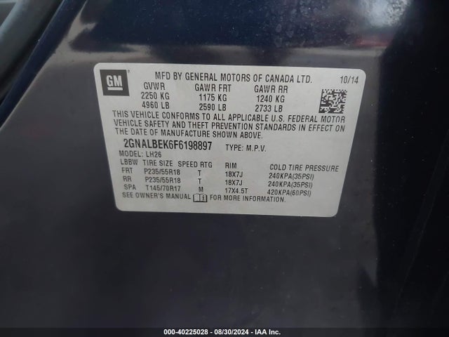 Chevrolet EQUINOX 1LT 2015 2GNALBEK6F6198897 Image 9