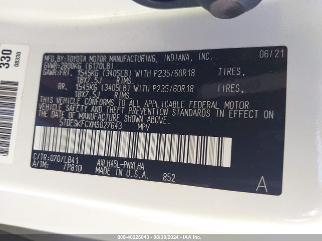 Auction sale of the 2021 Toyota Sienna Platinum, vin: 5TDESKFCXMS027643, lot number: 40225043