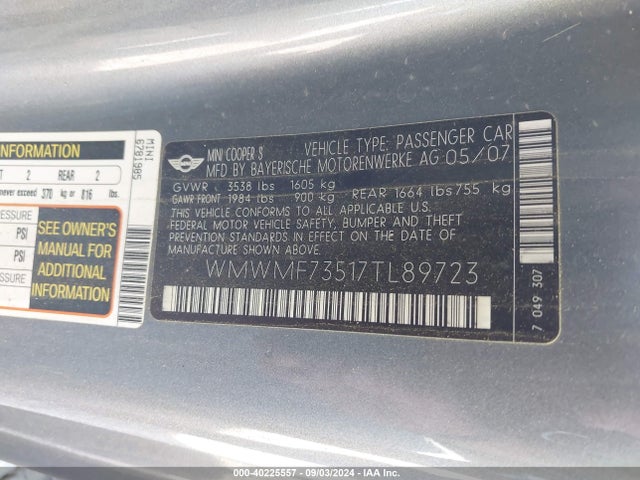 2007 MINI COOPER S WMWMF73517TL89723 Photo 8
