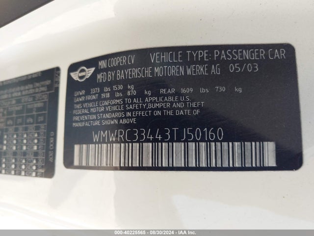 2003 MINI COOPER WMWRC33443TJ50160 Photo 8