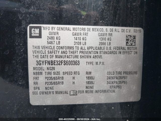 3GYFNBE32FS600363 Cadillac Srx Luxury Collection