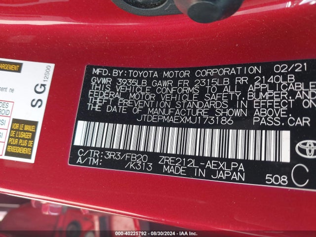 Toyota COROLLA LE 2021 JTDEPMAEXMJ173186 Image 9