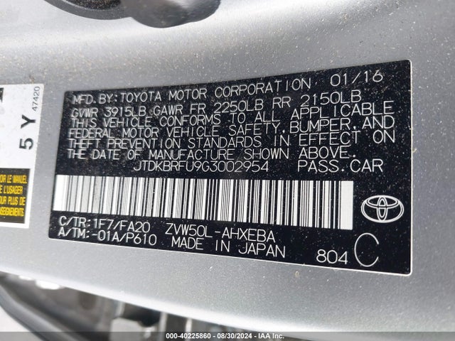 JTDKBRFU9G3002954 Toyota Prius