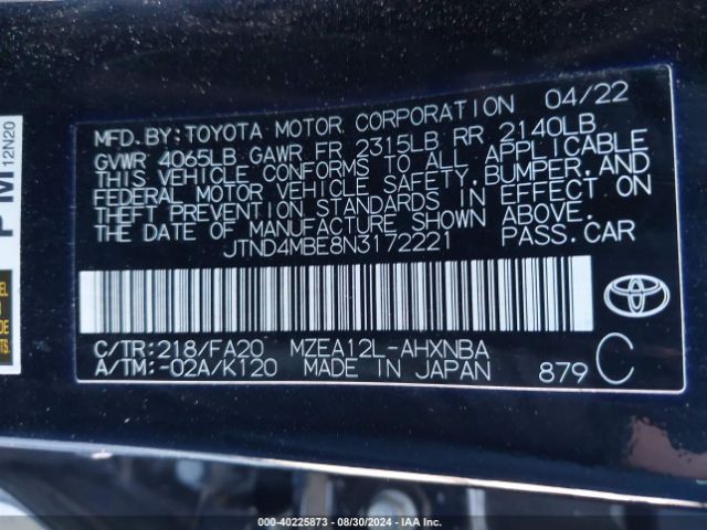 2022 TOYOTA COROLLA JTND4MBE8N3172221 Photo 8