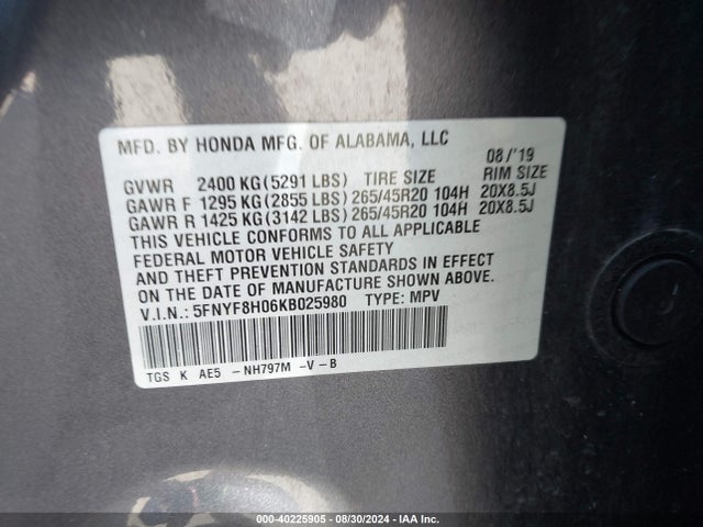 Honda Passport Elite 2019 5FNYF8H06KB025980 Image 9