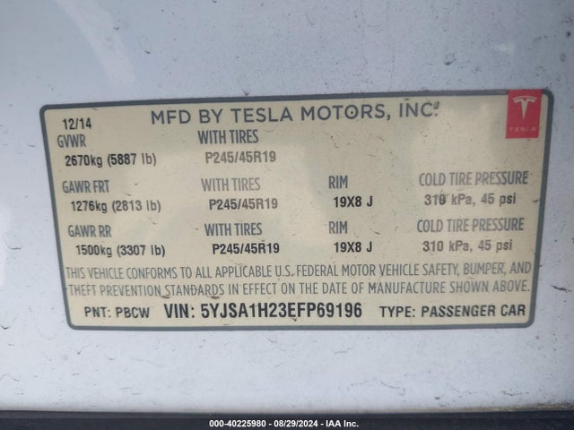 Tesla Model S P85d 2014 5YJSA1H23EFP69196 Image 9