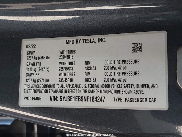 2022 TESLA MODEL 3 5YJ3E1EB9NF184247 Photo 8