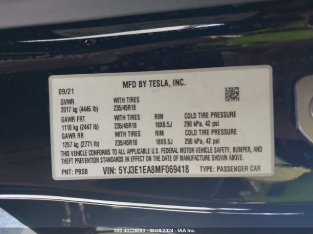5YJ3E1EA8MF069418 Tesla Model 3 Standard Range Plus Rear-wheel Drive