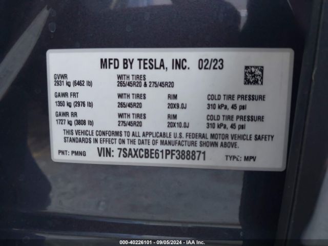 7SAXCBE61PF388871 Tesla Model X Plaid Tri Motor All-wheel Drive