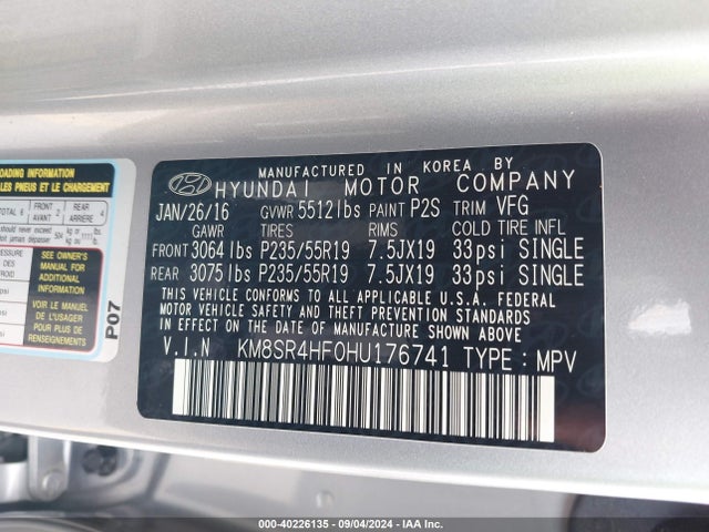Hyundai Santa Fe Limited Ultimate 2017 KM8SR4HF0HU176741 Image 9