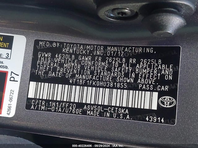 Toyota CAMRY SE 2017 4T1BF1FK0HU381855 Image 9