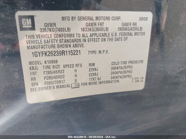 Продажа на аукционе авто 2009 Cadillac Escalade Esv Standard, vin: 1GYFK26239R115221, номер лота: 40226618