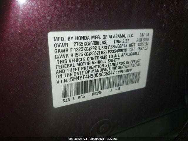 Honda Pilot Ex-l 2014 5FNYF4H50EB035347 Image 9
