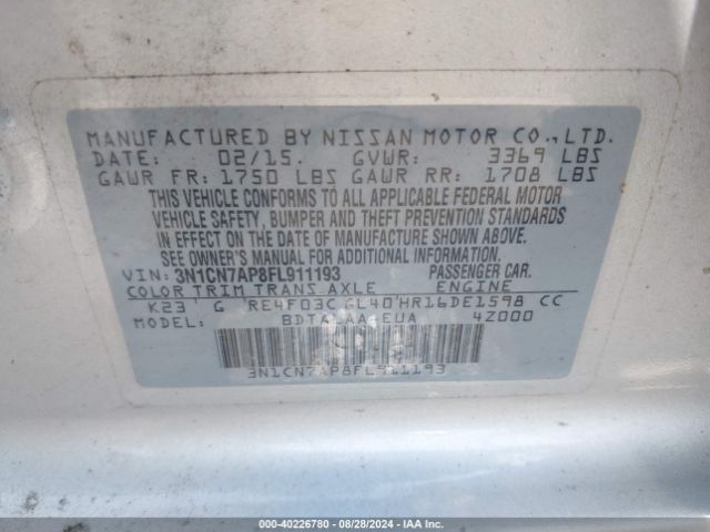 3N1CN7AP8FL911193 Nissan Versa 1.6 S