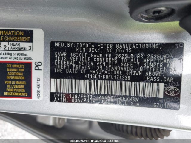 4T1BD1FK0FU174336 Toyota Camry Hybrid Le