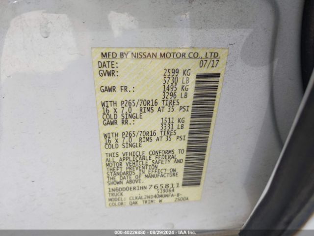1N6DD0ER1HN765811 Nissan Frontier Sv