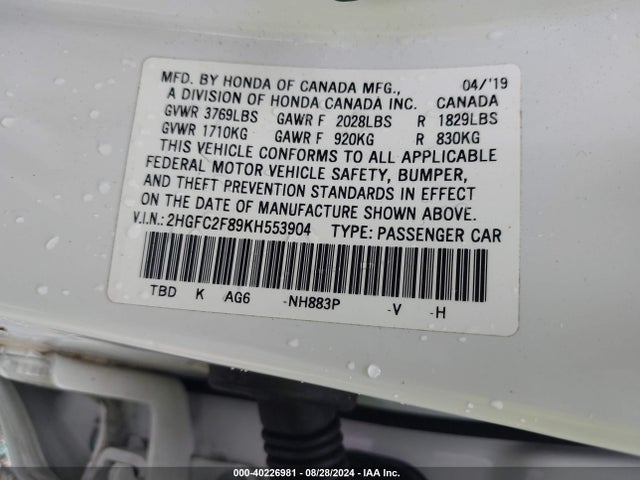 Honda Civic Sport 2019 2HGFC2F89KH553904 Image 9