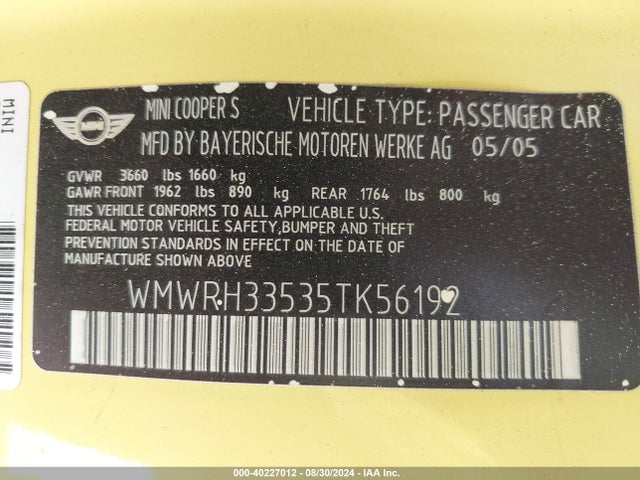 2005 MINI COOPER S WMWRH33535TK56192 Photo 8
