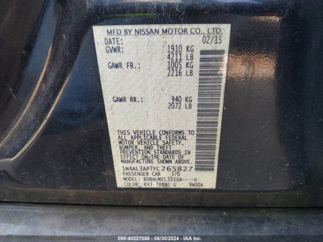 Nissan Altima 2.5 Sv 2015 1N4AL3AP7FC265827 Image 9