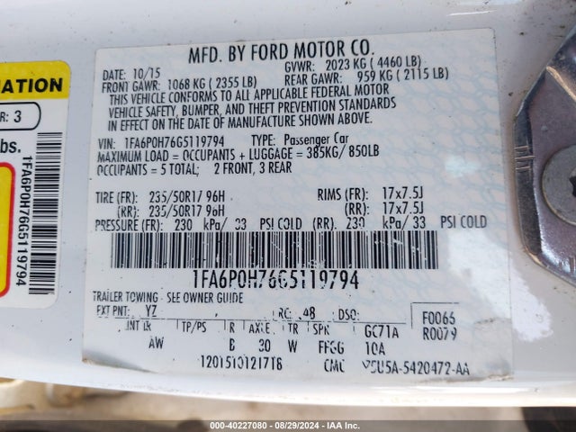 Ford FUSION SE 2016 1FA6P0H76G5119794 Image 9