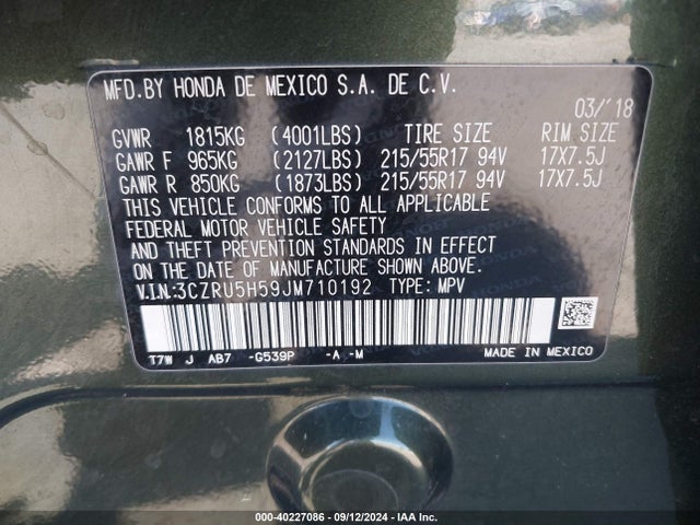 3CZRU5H59JM710192 Honda HR-V EX