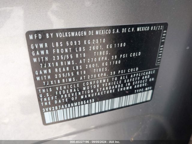 3VV2B7AX8NM085439 Volkswagen Tiguan 2.0t Se