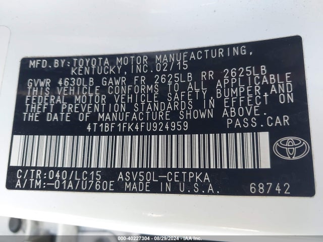Toyota CAMRY XSE 2015 4T1BF1FK4FU924959 Image 9