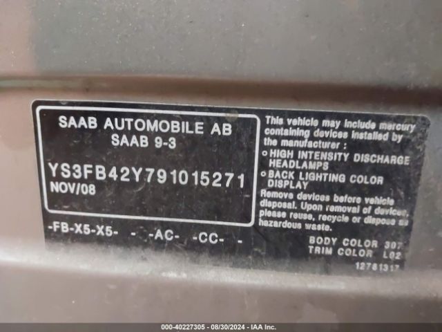 2009 SAAB 9-3 YS3FB42Y791015271 Photo 8