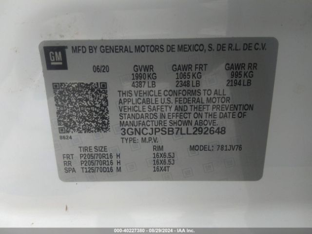 3GNCJPSB7LL292648 Chevrolet Trax Awd Lt