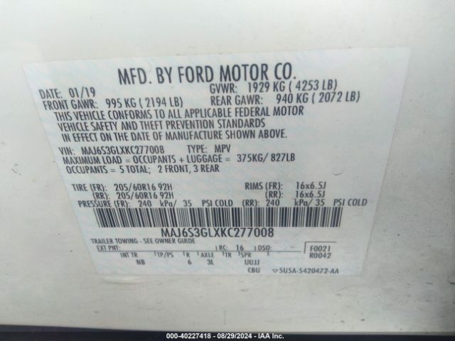 MAJ6S3GLXKC277008 Ford Ecosport Se