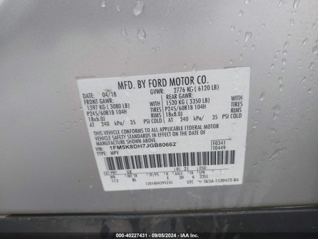 Ford EXPLORER XLT 2018 1FM5K8DH7JGB80662 Image 9