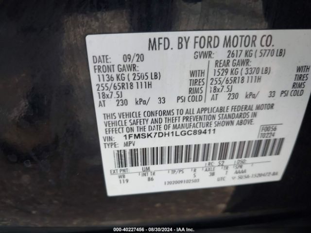 1FMSK7DH1LGC89411 Ford EXPLORER XLT