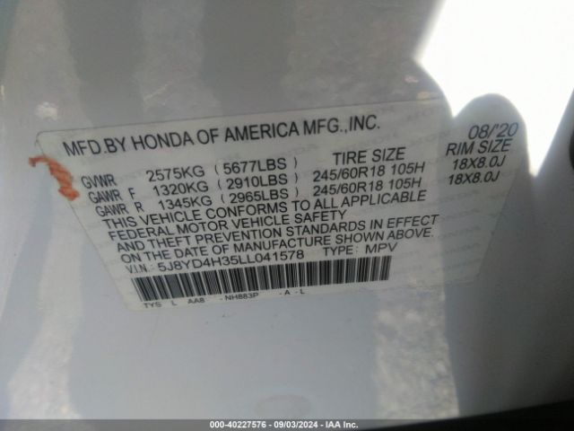 5J8YD4H35LL041578 Acura Mdx Standard