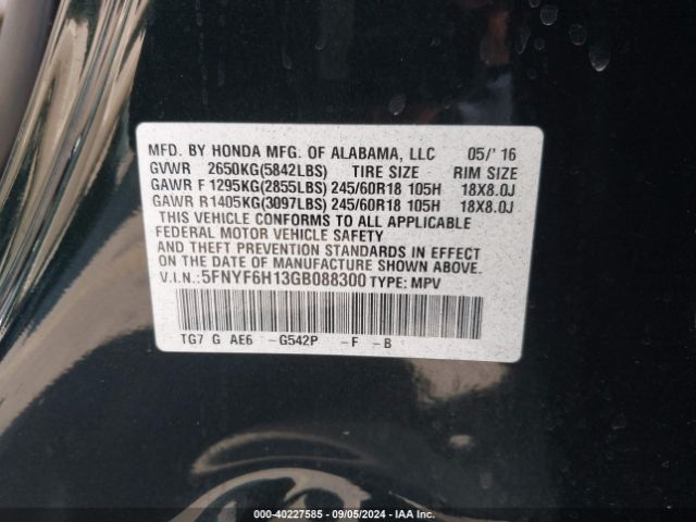 5FNYF6H13GB088300 Honda PILOT LX