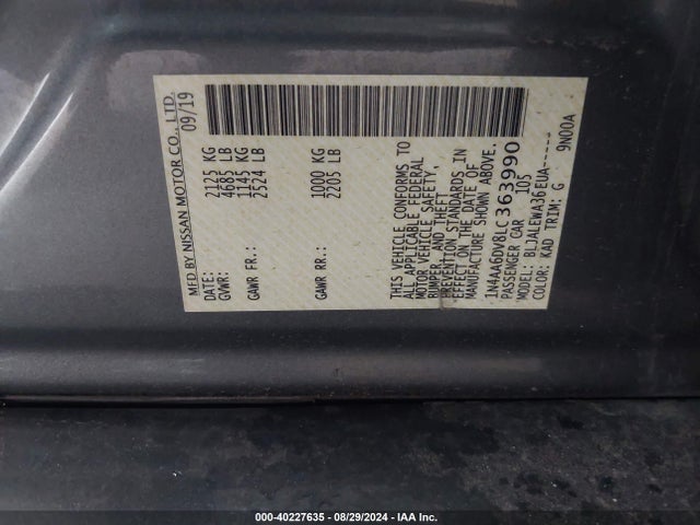 Nissan Maxima Sl Xtronic Cvt 2020 1N4AA6DV8LC363990 Image 9