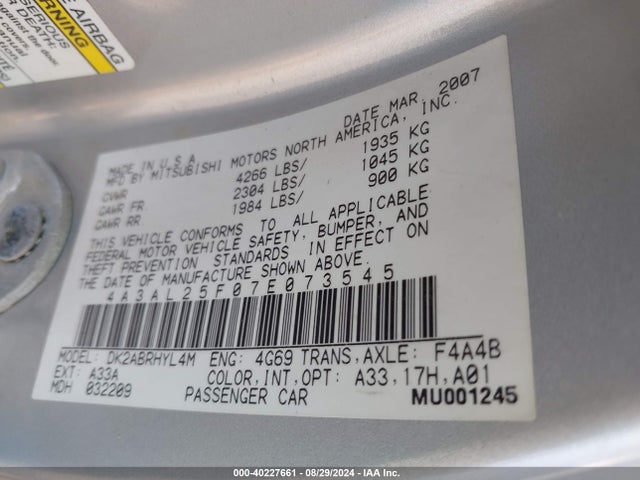 2007 MITSUBISHI ECLIPSE SPYDER 4A3AL25F07E073545 Photo 8